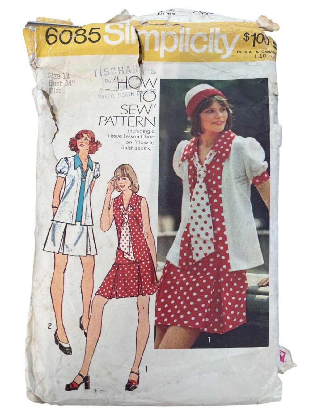 Vintage 70s Simplicity 6085 Sewing Pattern Size 12 Misses Jacket Dress Tie CUT